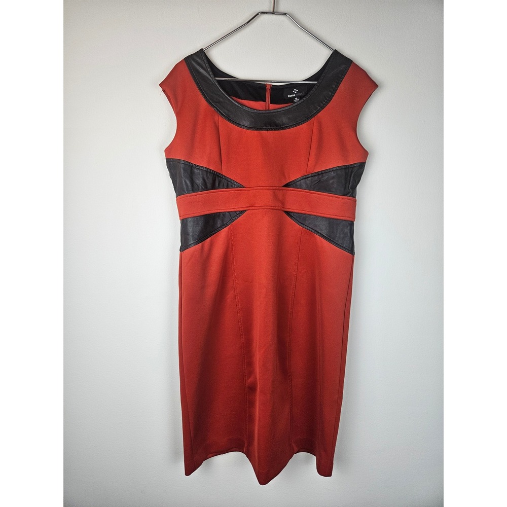 Ronni Nicole Red Sheath Dress Black Faux Leather Trim Size 12 86131 Cap Sleeve